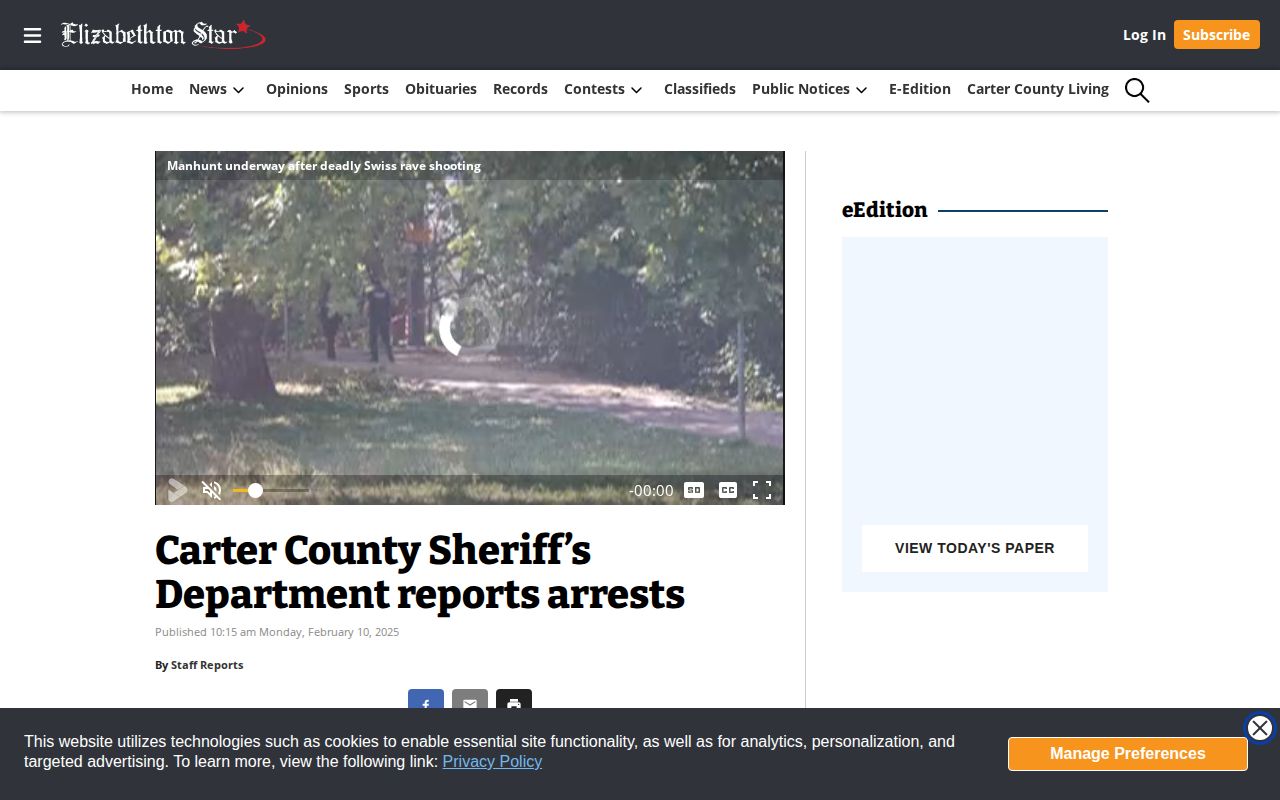 Screenshot of an Elizabethton Star Carter County Sheriff's Department arrest report