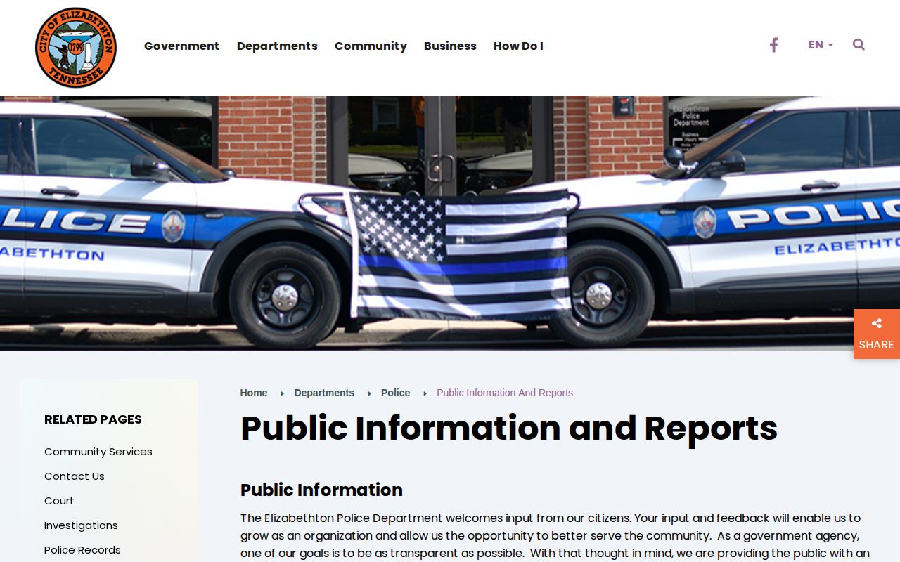 Carter County Elizabethton Police public-information page for arrest record lookup
