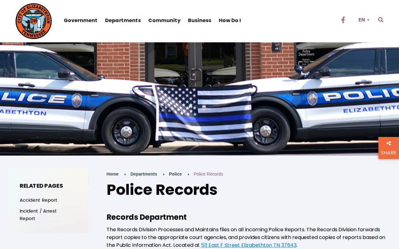 Carter County Elizabethton Police Records Division page for police report requests