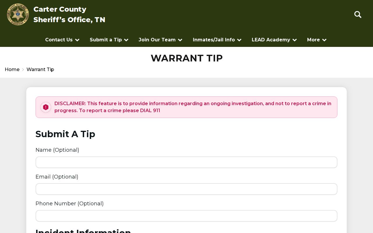 Screenshot of the Carter County Sheriff's Office official warrant-tip page