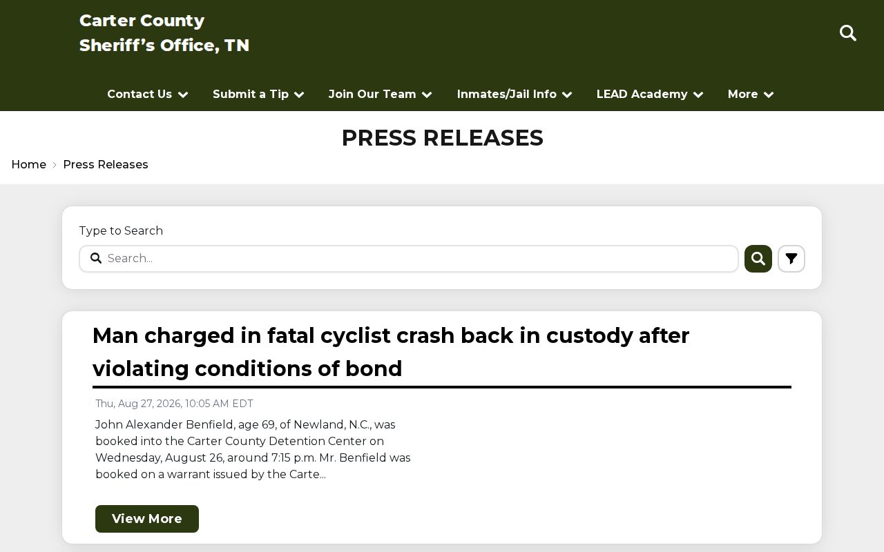 Screenshot of Carter County Sheriff's Office official press releases page