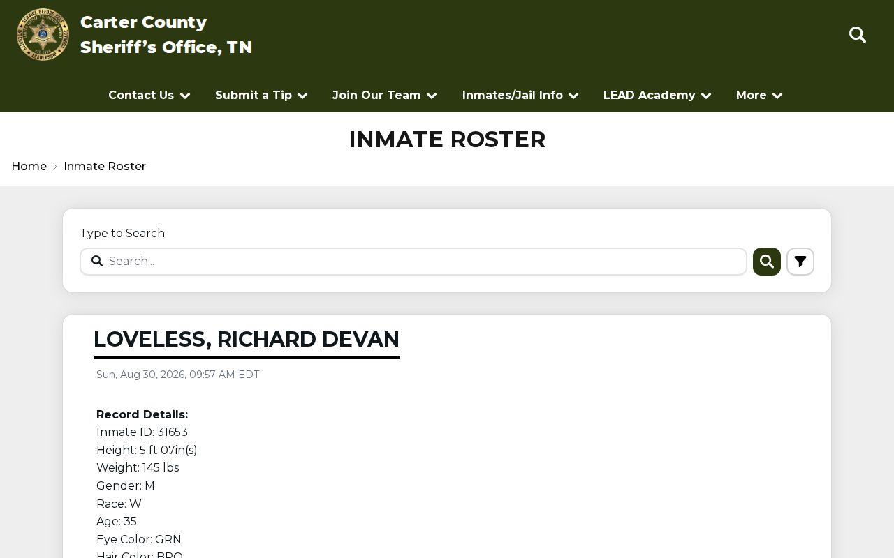 Carter County official inmate roster and current booking record interface