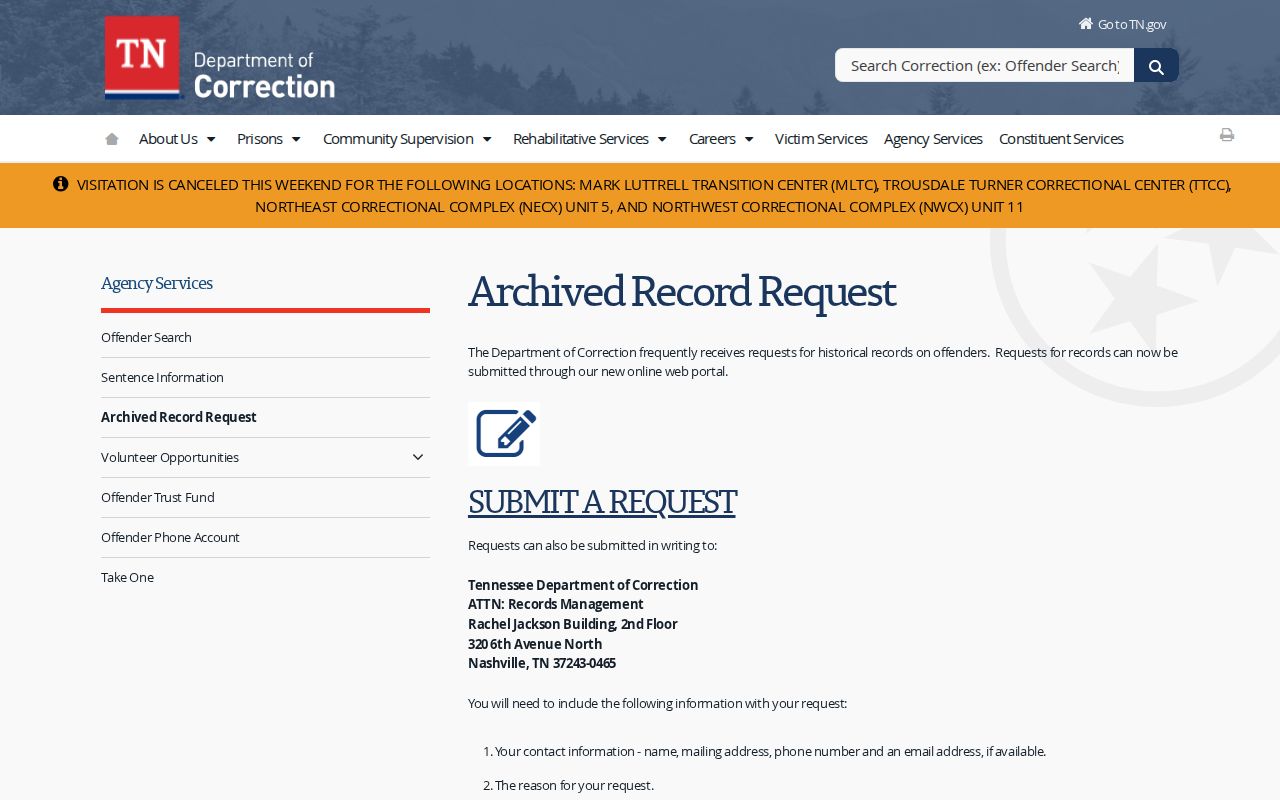 Tennessee Department of Correction offender record request interface for Carter County custody research