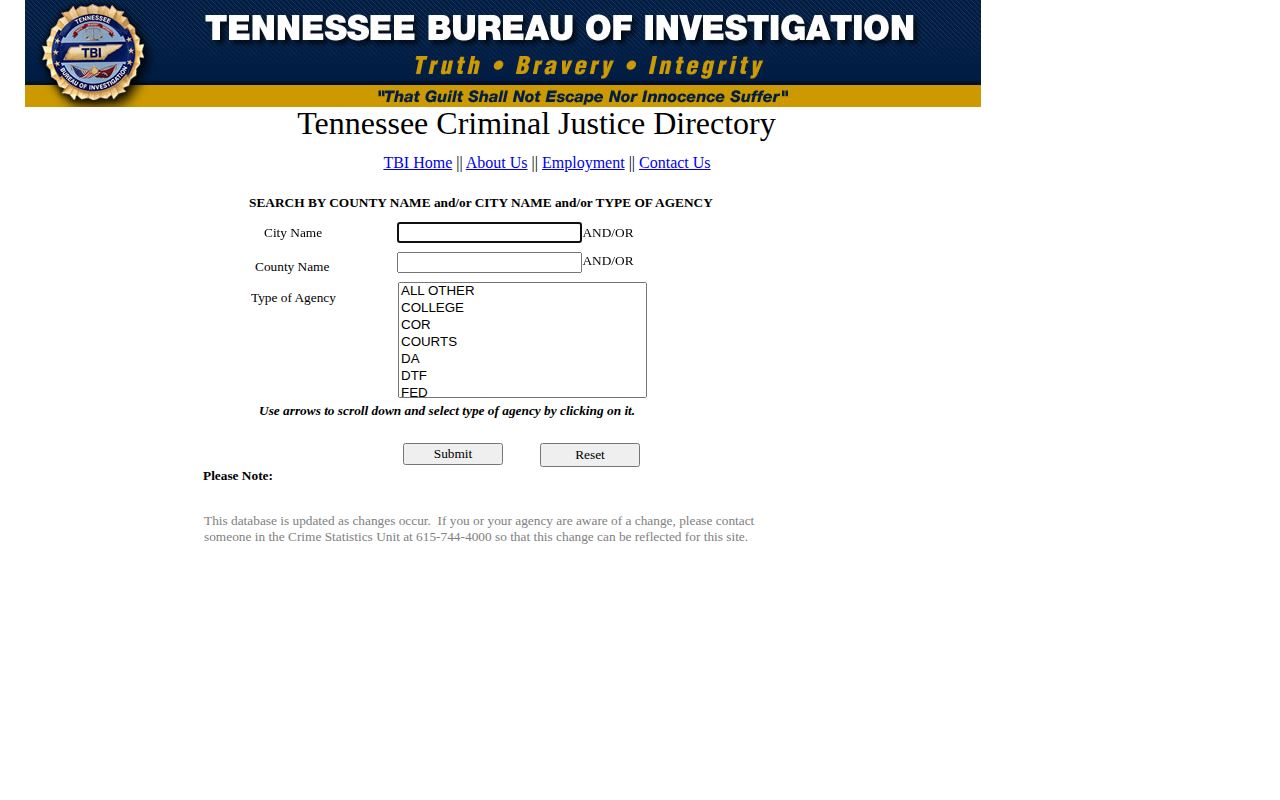 Tennessee Bureau of Investigation Criminal Justice Directory search interface for agency contact lookup